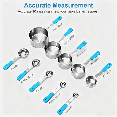 Measuring Cups and Spoons Set Stainless Steel 10 Piece for Cooking and Baking (5 Cups + 5 Spoons, Light Blue Handle)