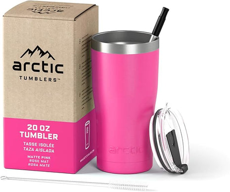Arctic Tumblers | 20 oz Matte Pink Insulated Tumbler with Straw & Cleaner - Retains Temperature up to 24hrs - Non-Spill Splash Proof Lid, Double Wall Vacuum Technology, BPA Free & Built to Last
