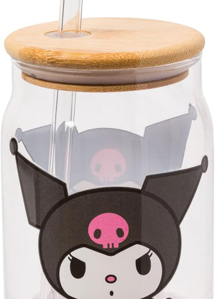 Silver Buffalo Sanrio Hello Kitty and Friends Kuromi 2 Pack Glass Jar Tumbler with Bamboo Lid and Glass Straw, 16 Ounces