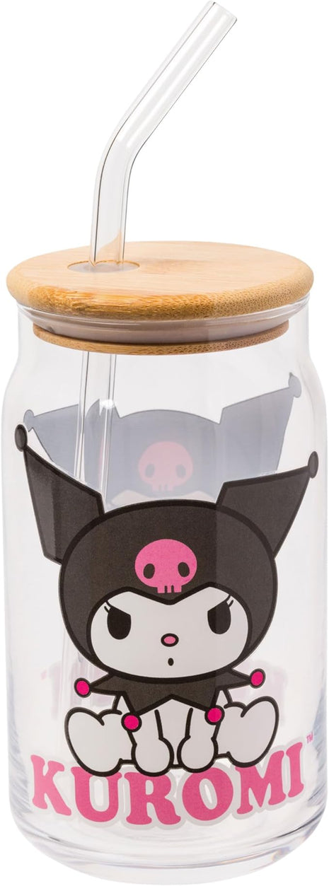 Silver Buffalo Sanrio Hello Kitty and Friends Kuromi 2 Pack Glass Jar Tumbler with Bamboo Lid and Glass Straw, 16 Ounces