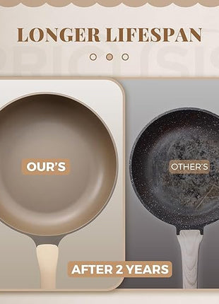 PRICUSIS Nonstick Frying Pan, 8/10/12 Inch Skillet with Stay Cool Handle, Stain/Scratch/Crack Proof, Induction Compatible & Oven Safe, Dishwasher Safe, PTFE & PFOA Free(10-Inch, Natural Linen)