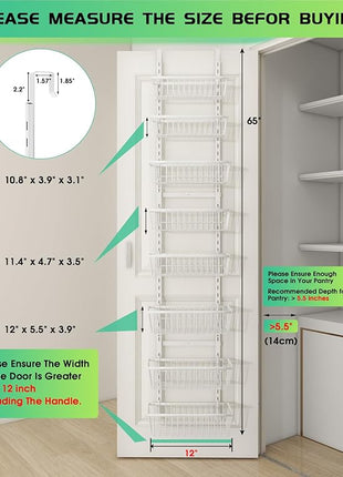 White 12 Inch Wide Narrow Over The Door Pantry Organizer, Pantry Organization and Storage, 8-Tier Metal Hanging Deep Basket Wall Spice Rack Seasoning Shelves, Home & Kitchen Essentials