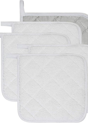 100% Cotton Kitchen Everyday Basic Terry Pot Holder Heat Resistant Coaster Potholder for Cooking and Baking Set of 5 White