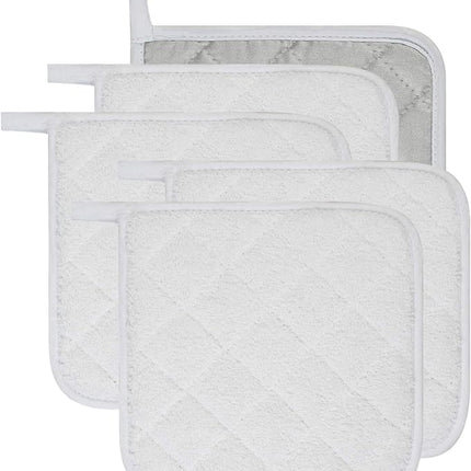 100% Cotton Kitchen Everyday Basic Terry Pot Holder Heat Resistant Coaster Potholder for Cooking and Baking Set of 5 White