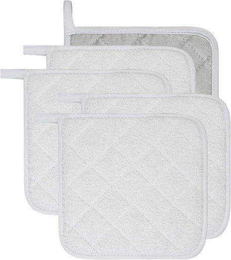 100% Cotton Kitchen Everyday Basic Terry Pot Holder Heat Resistant Coaster Potholder for Cooking and Baking Set of 5 White