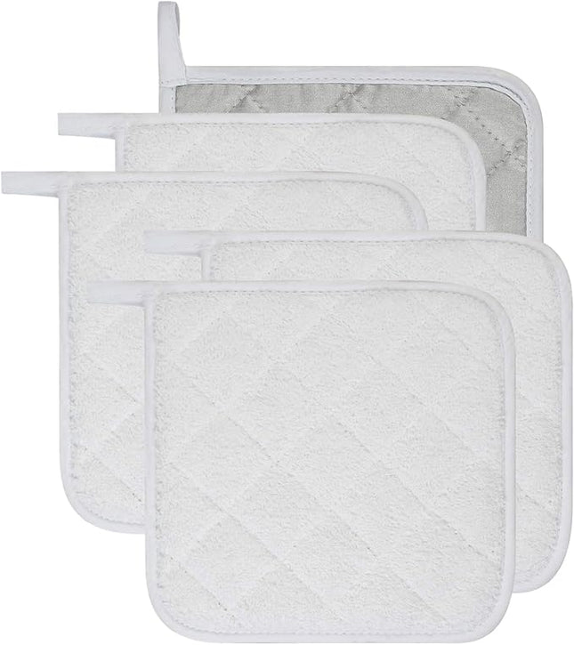 100% Cotton Kitchen Everyday Basic Terry Pot Holder Heat Resistant Coaster Potholder for Cooking and Baking Set of 5 White