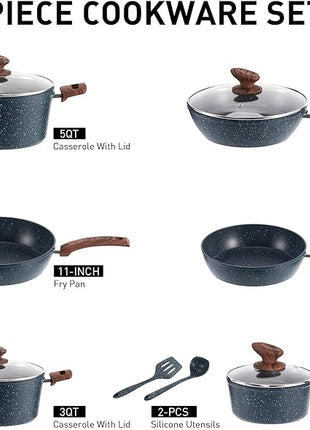 Kitchen Academy Pots and Pans Set Non Stick - 12 Piece Induction Kitchen Cookware Sets, Blue Granite Nonstick Cooking Pans Set