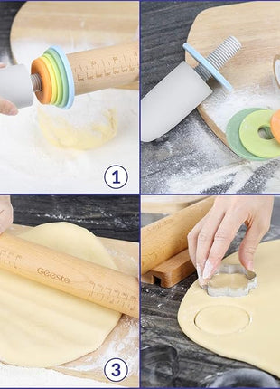 Geesta Adjustable Wood Rolling Pin with 5 Thickness Rings, Precise Dough Roller Handle Press Design with Measurement Guide for Baking Fondant, Pie Crust, Cookie, Pastry - Baking Essential