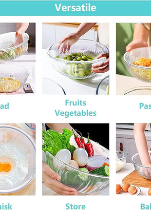 WhiteRhino Glass Mixing Bowls with Lids Set of 3(3.7QT, 2.1QT, 1.1QT),Large Kitchen Salad Bowls, Space-Saving Nesting Bowls, Clear Glass Serving Bowls for Cooking,Baking,Prepping,Dishwasher Safe