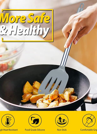 Pack of 2 Silicone Solid Turner, Non Stick Slotted Kitchen Spatulas, High Heat Resistant BPA Free Cooking Utensils, Ideal Cookware for Fish, Eggs, Pancakes(Gray)