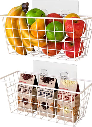 MaraFansie Wall Wire Baskets Bin No Drilling Adhesive Hanging Baskets Wall Mounted for Cabinet & Pantry Organization and Kitchen, Bathroom, Bedroom Storage, 2 Pack, White