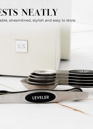 Stanless Steel Magnetic Measuring Spoons Set with Leveler - 8-Piece Heavy Duty Metal, Dual Sided, Stackable, BPA Free, Stainless Steel Measuring Spoons for Dry & Liquid Ingredient - Fits in Spice Jars