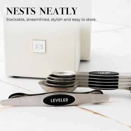 Stanless Steel Magnetic Measuring Spoons Set with Leveler - 8-Piece Heavy Duty Metal, Dual Sided, Stackable, BPA Free, Stainless Steel Measuring Spoons for Dry & Liquid Ingredient - Fits in Spice Jars