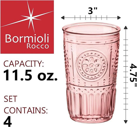 Bormioli Rocco Romantic Set Of 4 Tumbler Glasses, 11.5 Oz. Colored Crystal Glass, Cotton Candy Pink, Made In Italy.