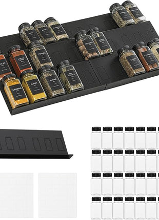 Famhap 6 Pack Spice Drawer Organizer with Labels and 36 Plastic Jars, Expandable from 11.7" to 23.2" Seasoning Rack Tray Insert for Kitchen Drawers, Spice Rack Drawer for Spice Jars