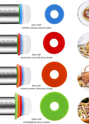 Stainless Steel Rolling Pin and Silicone Mat Set, Adjustable Thickness Rings - For Baking Dough, Pizza, Pies, Pastries, Pasta, Cookies