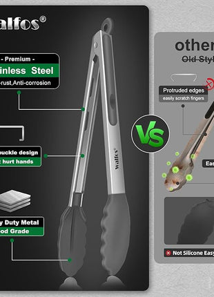Walfos 600 Degree Heat Resistant Silicone Tongs for Cooking - Kitchen Tongs With Silicone Tips set of 3 size Food Looking Tongs (7" 9" and 12 inch Dark Grey)