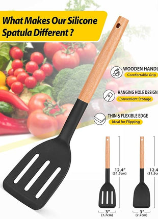 Pack of 2 Silicone Cooking Spatula, Heat Resistant Solid Turner, Non Stick Slotted Spatulas with Wooden Short Handle,Ideal Wood Kitchen Utensils Set for Frying, Baking, Flipping, Turning