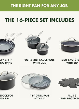 GreenPan 16 Piece Valencia Pro Ceramic Nonstick Cookware Set, PFAS-Free, Induction Ready, Hard Anodized Pots & Pans with Lids, Compatible on All Cooktops, Dishwasher & Oven Safe, Gray