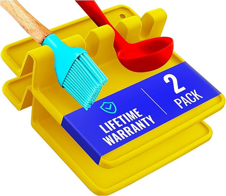 Yellow Silicone Spoon Rest for Stove Top with Drip Pad (Two Pack) - Heat Resistant BPA Free Utensil Rest & Spoon Holder for Kitchen Counter - Grill Utensil Holder - Spatula Holder, Tongs, Ladle