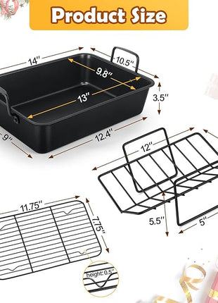TeamFar Roasting Pan, 14” Nonstick Deep Lasagna Brownie Turkey Pan with V-Shaped Rack & Cooling Rack, with Stainless Steel Core & Nonstick Coating, Healthy & Heavy Duty, Easy to Clean, Set of 3