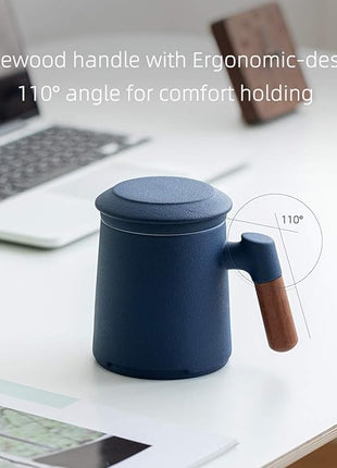 ZENS Tea Cup with Infuser and Lid for Loose Leaf Tea Steeper, 12oz Blue Ceramic Tea Mug with Fine Strainers, Wood Handle, Tea Lovers Gifts