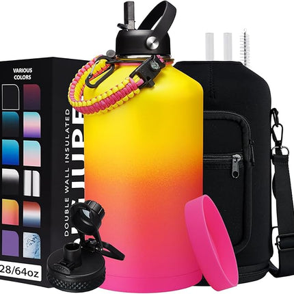 1 Gallon Insulated Water Bottle - with Straw & Auto Chug Lid, Paracord Handle, Bottle Sleeve, 128 oz Stainless Steel Water Bottle, Large Metal Gallon Water Jug Canteen for Sport Work