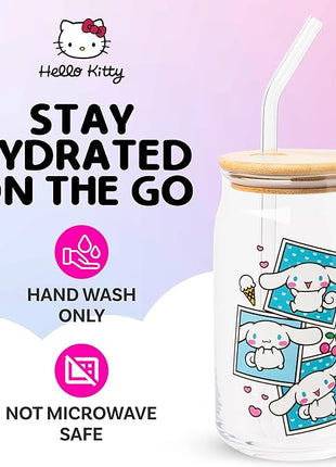 Silver Buffalo Sanrio Hello Kitty and Friends Cinnamoroll Polaroids Glass Jar Tumbler with Bamboo Lid and Glass Straw, 16 Ounces (Pack of 12)