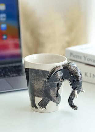 IYARA CRAFT 3D Elephant Coffee Mug 11oz - Handle is Sculpted Trunk, Cute Wildlife Design, Quality Ceramic, Microwave & Dishwasher Safe, Ideal for Tea & Hot Chocolate, 4.5" x 5"… (Black trunk down)