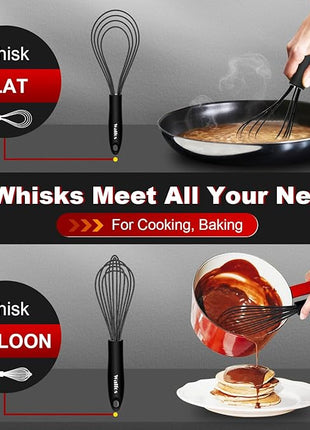 Walfos Whisk 11inch Flat Whisks and 10inch Balloon Whisk Combo,Silicone whisks for cooking,Non Scratch Coated Wisk,Suitable for Ceramic Coated pans and Wider shallower pots.(2pcs black)