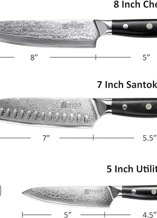 PAUDIN Damascus Knife Set 3 PCS, Japanese VG10 Steel Core, Ultra Sharp Chef Knife Set, Full Tang G10 Handle, Damascus Kitchen Knives