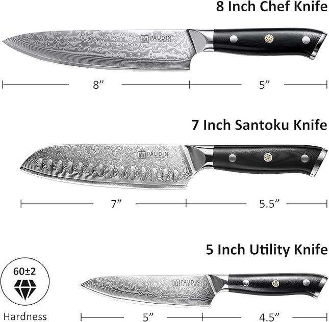 PAUDIN Damascus Knife Set 3 PCS, Japanese VG10 Steel Core, Ultra Sharp Chef Knife Set, Full Tang G10 Handle, Damascus Kitchen Knives