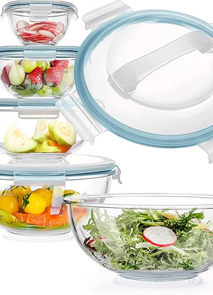 WhiteRhino Glass Mixing Bowl with Lids Set of 5, 0.2, 0.5, 1.1, 2.1, 3.75 QT, Large Salad Bowls with BPA-Free Lids, Space-Saving Nesting Bowls for Kitchen Food Storage, Glass bowl for Cooking, Baking