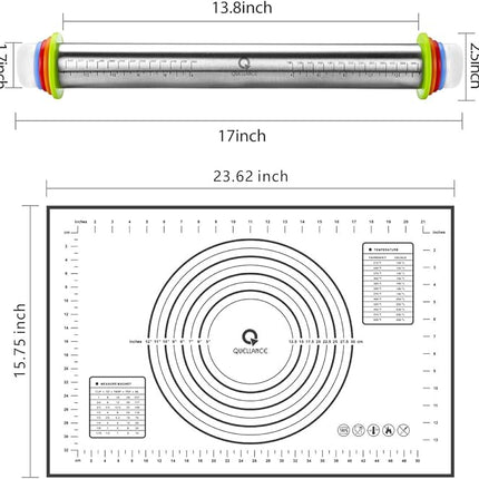 Rolling Pin and Pastry Baking Mat Set, Rolling Pins with Adjustable Thickness Rings, Stainless Steel Dough Roller for Baking Fondant, Pizza, Pie, Pastry, Pasta, Cookies (Black Mat)