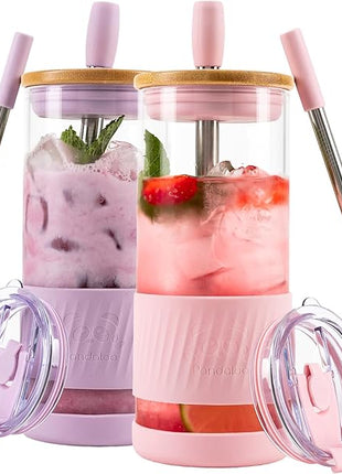 Pandaloo® Glass Cups With Lids and Straws -20 Fl Oz- Perfect Size Iced Coffee Cup - Smoothie Cup With Bamboo Lid and On the go Lid - Glass Tumbler (2 Count (Pack of 1), Lilac-Pink)