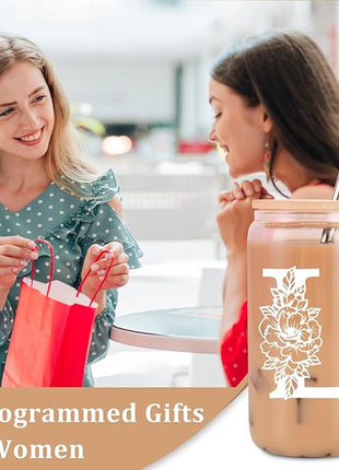 Coolife Initial Glass Cup, Monogrammed Gifts for Women, 16 oz Glass Cups w/Lids Straws, Iced Coffee Smoothie Beer Tumbler w/Straw Lid - Personalized Christmas, Birthday Gifts for Her Mom Friend Woman