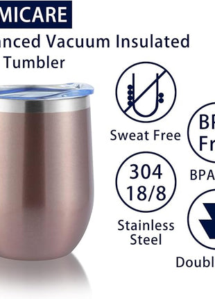DOMICARE Stainless Steel Wine Tumbler Bulk with Lid, Personalized Rose Gold Insulated Tumblers Set, 12oz Travel Coffee Cups Pack of 1