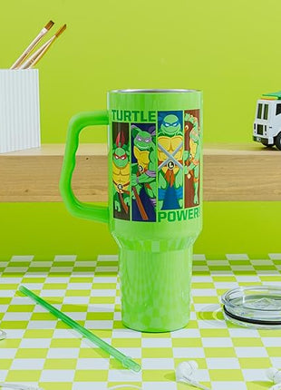 Silver Buffalo Teenage Mutant Ninja Turtles Turtle Power Stainless Steel Tumbler with Handle Featuring Leonardo, Donatello, Raphael, and Michelangelo, Fits in Standard Cup Holder, 40 Ounces