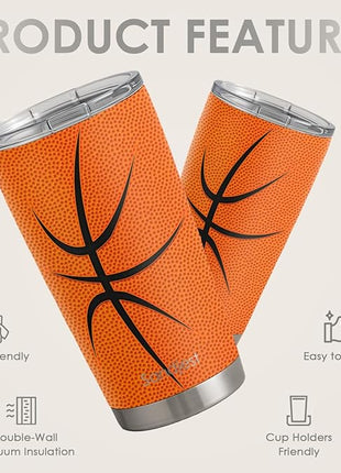 SANDJEST Basketball Tumbler 20oz Stainless Steel Insulated, Travel Coffee Cup, Sport Tumblers Gifts for Basketball Lovers, Men Women, Coach, Birthday, Christmas