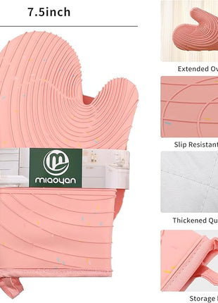 4 Pieces Oven Mitts of Macaron Color Thickened Non-Slip Silicone Kitchen Gloves, Heat Resistant up to 750F, Essential for Kitchen Baking (Pink)