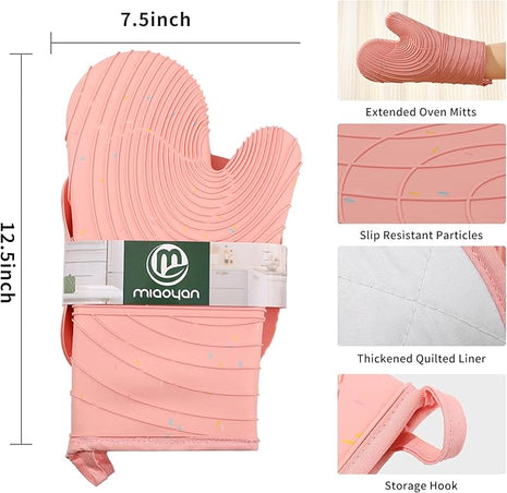 4 Pieces Oven Mitts of Macaron Color Thickened Non-Slip Silicone Kitchen Gloves, Heat Resistant up to 750F, Essential for Kitchen Baking (Pink)
