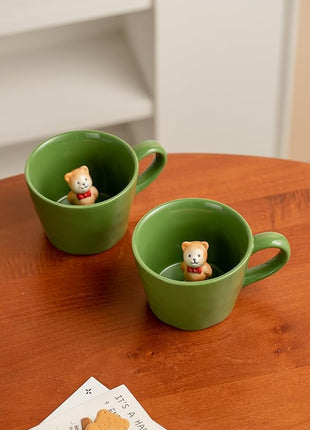 DIHOclub Bow Tie Bear Coffee Cup Hidden Ceramic Animal Inside Mug,Cute Cartoon Handmade Figurine Mugs,Holiday and Birthday Gift for Coffee Milk Tea Lovers,12 Oz(Green)