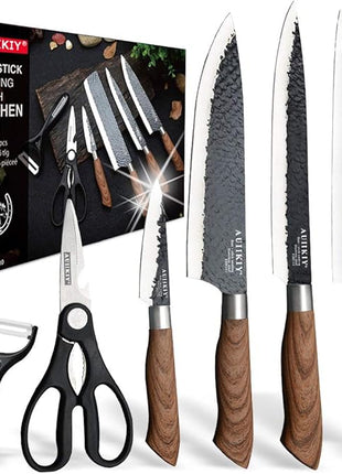 6 Pieces Professional Kitchen Knives Set With Giftbox, High Carbon Stainless Steel Forged Kitchen Knife Set, Sharp Chef Knife Set For Chef Cooking Paring Cutting Slicing (High Carbon Black)