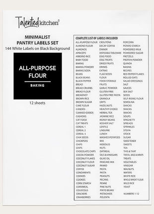 Talented Kitchen 144 Minimalist Pantry Labels – Preprinted White All-Caps on Matte Black Vinyl Stickers, Water-Resistant Adhesive Labels for Kitchen, Jars, Containers, Spices & Pantry Organization