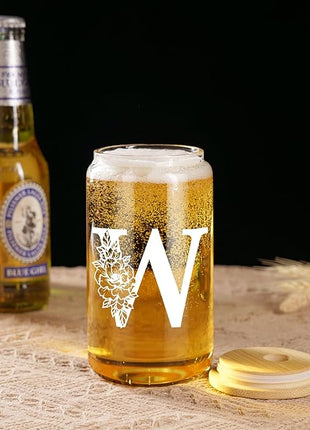 Coolife Initial Glass Cup, Monogrammed Gifts for Women, 16 oz Glass Cups w/Lids Straws, Iced Coffee Smoothie Beer Tumbler w/Straw Lid - Personalized Christmas, Birthday Gifts for Her Mom Friend Woman