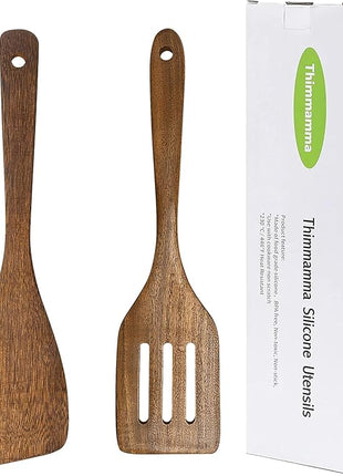 Wooden Spatula Nonstick Turner Acacia Wood, 12" Long Handle Flat Frying Spatulas Handmade for Kitchen Gifts, Ideal Cookware Utensils for Cooking Eggs, Fish, Pancakes, 2 Pack