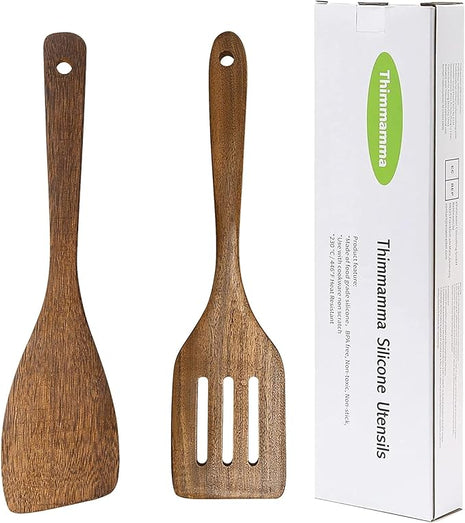 Wooden Spatula Nonstick Turner Acacia Wood, 12" Long Handle Flat Frying Spatulas Handmade for Kitchen Gifts, Ideal Cookware Utensils for Cooking Eggs, Fish, Pancakes, 2 Pack