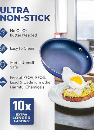 Granitestone Blue 12 Inch Nonstick Frying Pan With Mineral and Diamond Triple Coated Surface, Oven/Dishwasher Safe, 100% Non Toxic