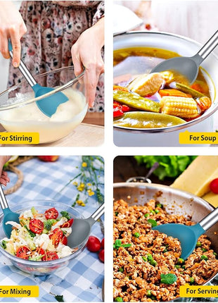 Pack of 2 Large Silicone Cooking Spoon Non Stick Solid Basting Spoons Heat-Resistant Kitchen Utensils for Mixing Serving (Gray-Blue)