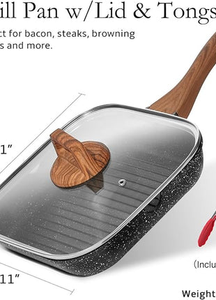 ESLITE LIFE 11 Inch Nonstick Grill Pan with Lid for Indoor Cooking, Versatile Induction Square Large Grilling Skillet Steak Pan for Stove Tops, PTFE & PFOA Free, Black